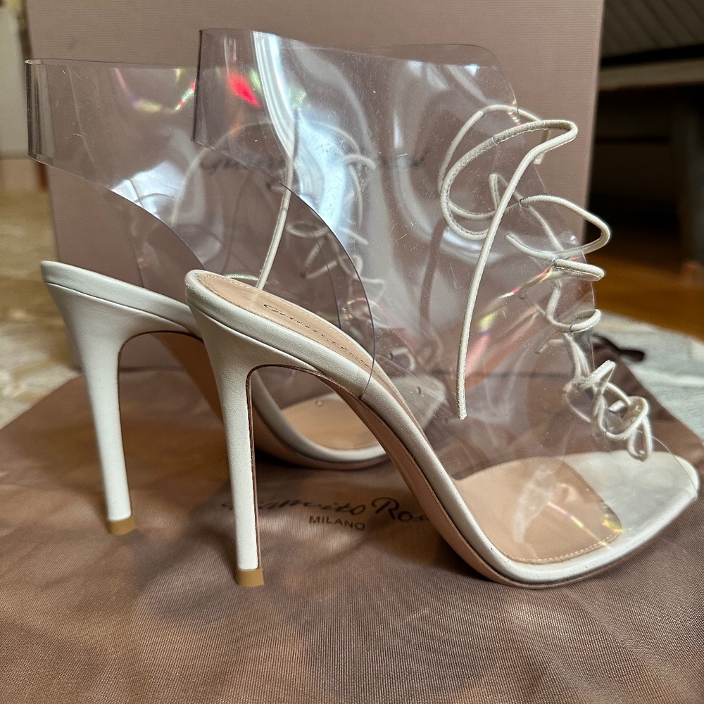 GIANVITO ROSSI HELMUT PVC WHITE LEATHER LACE UP ANKLE BOOTIES 35.5